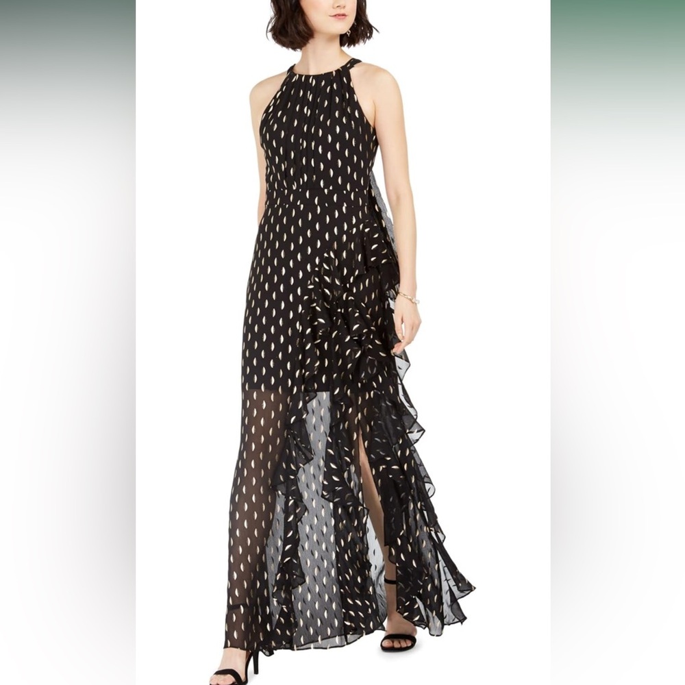 Betsy & Adam Metallic Chiffon Front Ruffle Slit Halter Neck Sleeveless Gown - Picture 15 of 17